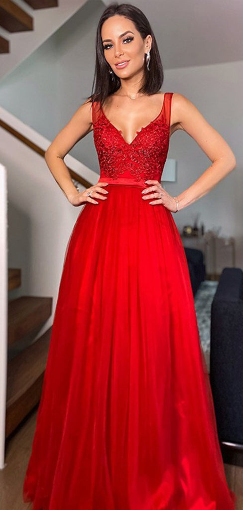 Red A-line V Neck Cheap Long Evening Prom Dresses, Sweet 16 Prom Dresses, OL086