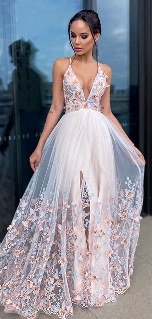 Beautiful A-line Applique V Neck Evening Prom Dresses, Long Prom Dresses, OL077