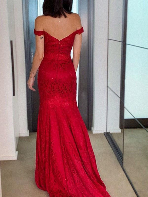Red Mermaid Off Shoulder Cheap Evening Prom Dresses, Long Prom Dresses, PY027