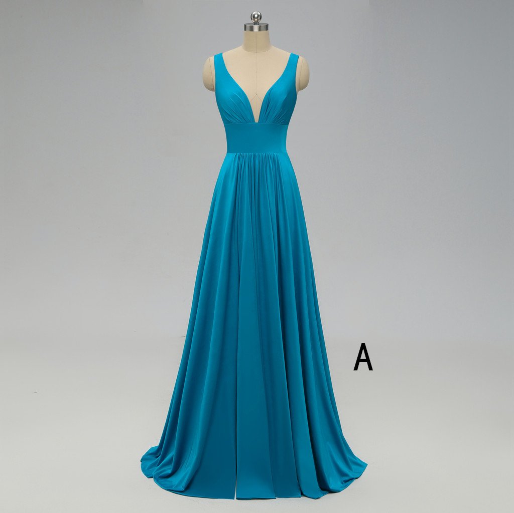 A-line Deep V-neck Backless Bridesmaid Dresses With Pleats, BD0052