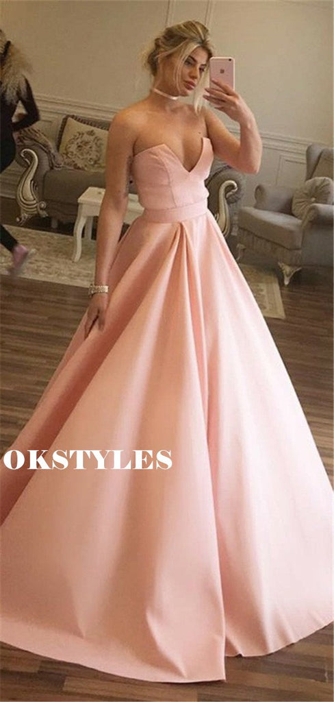 Strapless V-neck Sleeveless Long Pink Prom Dresses With Pleats, PD0606