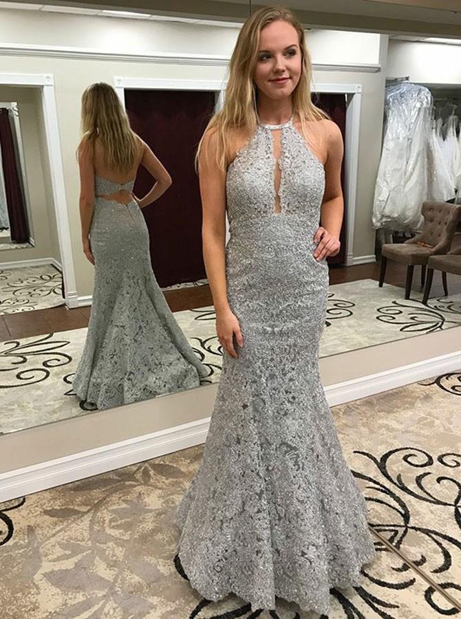 Mermaid Halter Grey Lace Backless Long Prom Dresses, PD0547