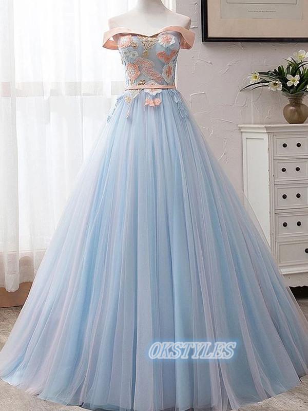 Elegant A-line Applique Off-Shoulder Long Prom Dresses, OL062