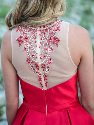 A-line Round Neck Beading Top Red Satin Homecoming Dresses, HD0516
