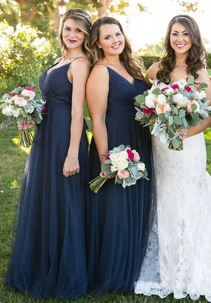 A-line Floor-length V-Neck Navy Blue Bridesmaid dresses With Pleats, BD0525