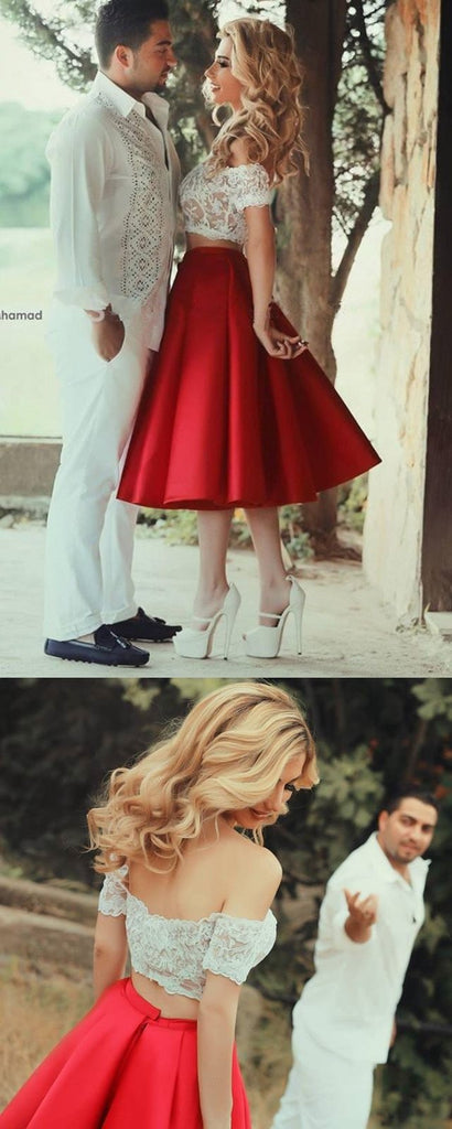 Two-pieces Off-shoulder Lace Top Red Satin Homecoming Dresses, HD0505