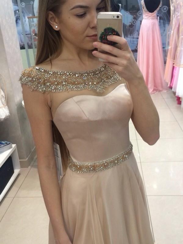 A-line Scoop Neck Cap-sleeves Long Beading Prom Dresses, PD0601