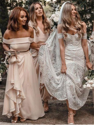 A-line Off-shoulder Long Chiffon Cheap Backless Bridesmaid Dresses, BD0599