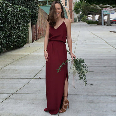 A Line V Neck Spaghetti Straps Burgundy Long Bridesmaid Dresses, BD0537