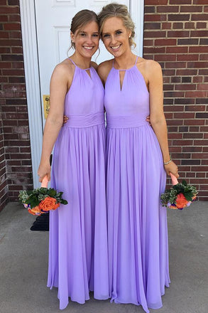 A-Line Halter Floor-Length Purple Bridesmaid Dresses With Pleats, BD0572