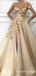 One Shoulder V Neck Champagne Tulle Appliques A-line Long Evening Prom Dresses, Cheap Custom V Neck Prom Dress, MR7430