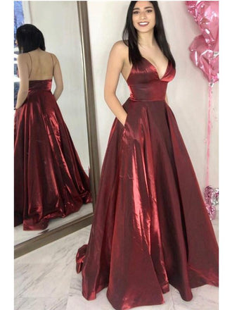 A-line Spaghetti Straps V-neck Long Sexy Burgundy Prom Dresses, PD0571