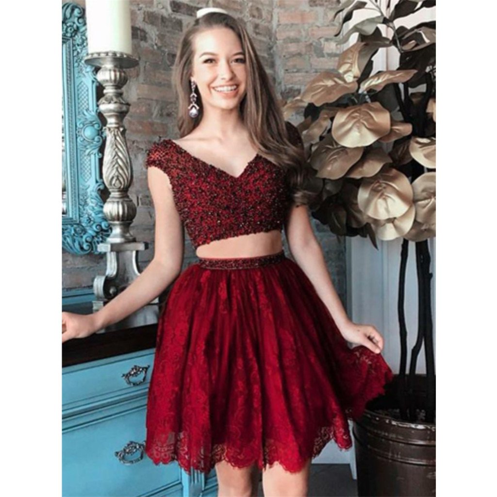 Two Pieces V-neck Beading Red lace Cap Sleeves Homecoming Dresses, HD0477