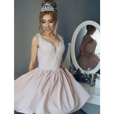 A-line V-neck Beading Pink Short Princess Homecoming Dresses With Pleats, HD0453