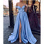 Off-shoulder Light Blue High Split Cheap Long Prom Dresses, PD0161