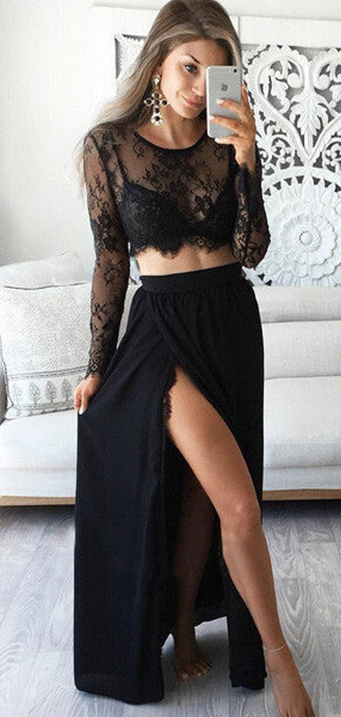 2 Pieces Black Lace Long Sleeves Sexy Slit Cheap Long Prom Dresses, BG51021