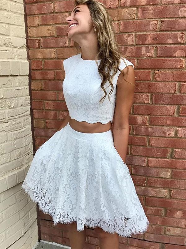 Two-pieces Fulle Lace Sleeveless Homecoming Dresses With Pockets, HD0497