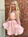 Two-pieces Long Sleeves Pink Lace Short Satin Homecoming Dresses, HD0496