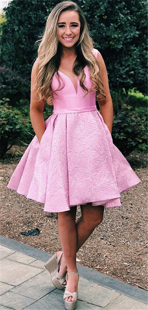 A-line V-neck Short Pleats Pink Homecoming Dresses With Pocket, HD0531