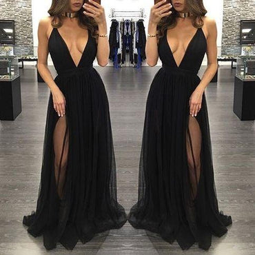 Black Deep V Neck Sexy Simple Side Split Long Party Prom Dresses, BG51514 - Bubble Gown
