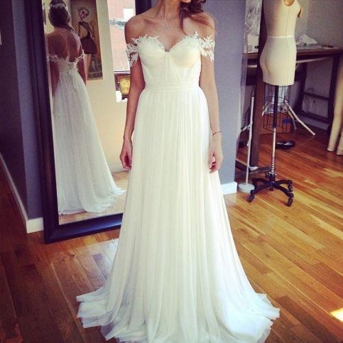 Beach Off Shoulder Lace Appliqued Chiffon Bohemian Wedding Dresses Bridal Gowns, BG51519 - Bubble Gown