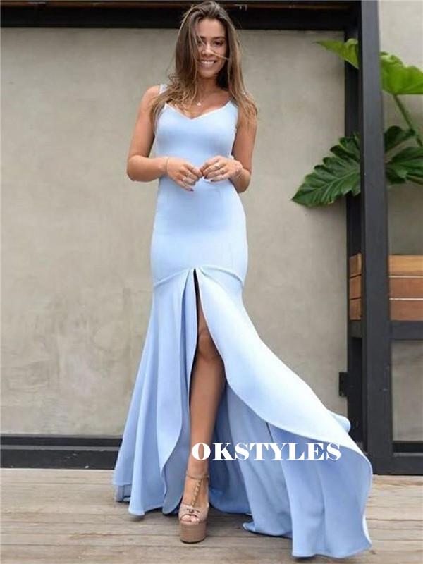 Mermaid V-neck Straps Backless Simple Prom Dresses With Split, PD0617