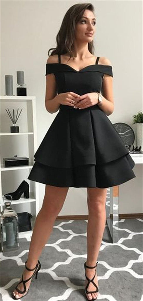 A-line Off-shoulder Straps Black Satin Short Homecoming Dresses, HD0514