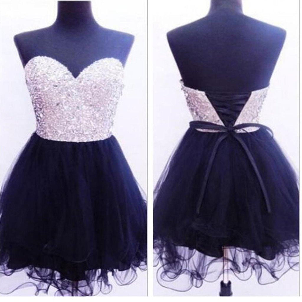 Black Sweetheart Lace Up Back Beaded Homecoming Dresses, BG51416 - Bubble Gown