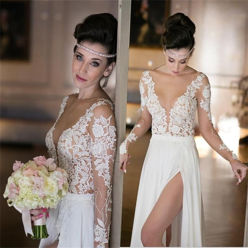 Long Sleeves Seen Through Deep V Neck Cheap Wedding Dresses, BG51470 - Bubble Gown