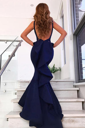 Newest Mermaid Sexy V-Neck Backless Long Prom Dress With Ruffles, PD003