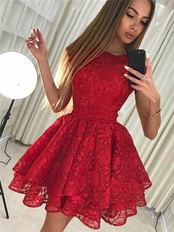 Hot Selling Round Neck Red Full Lace Cap Sleeves Homecoming Dresses, HD0433