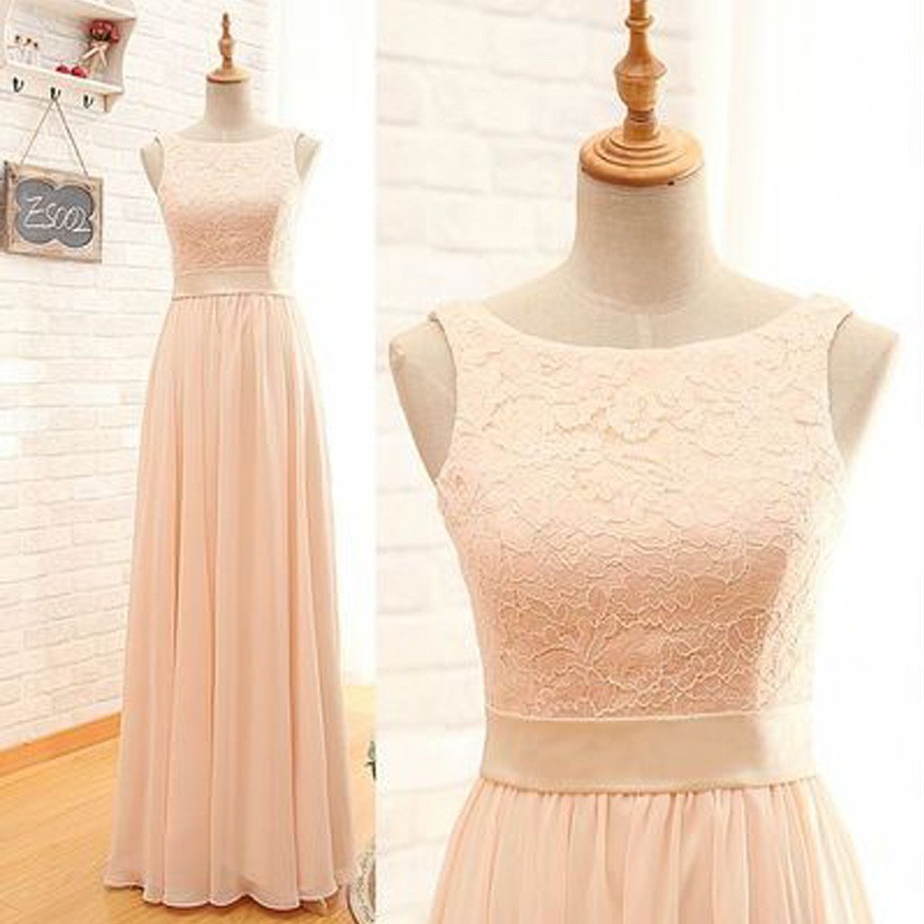 Bateau Lace Top Blush Pink Zipper Back Maxi Bridesmaid Dresses, BG51281 - Bubble Gown