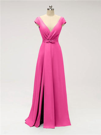 V Neck Cap Sleeve Side Slit Floor Length Bridesmaid Dresses