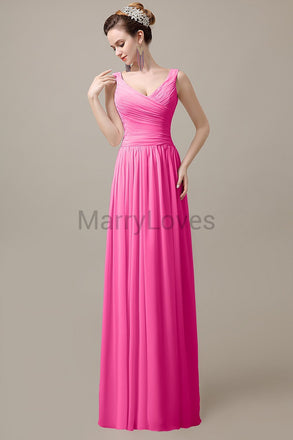 V-Neck Straps Pleats Bridesmaid Dresses
