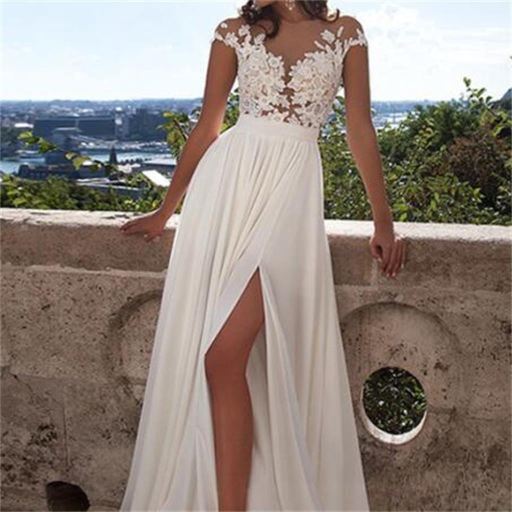 Cap Sleeve White Side Slit Lace Chiffon Long Cheap Prom Dresses, BG51128 - Bubble Gown