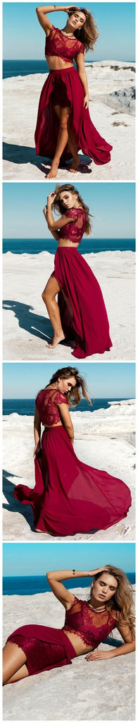 Burgundy Sexy Lace Slit Two Pieces Cheap Long Beach Prom Dress, BG51226 - Bubble Gown