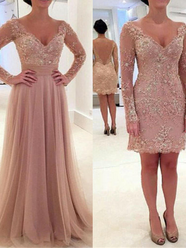 2 Pieces Long Sleeves Blush Pink Sexy Long Lace Prom Dresses, BG51137