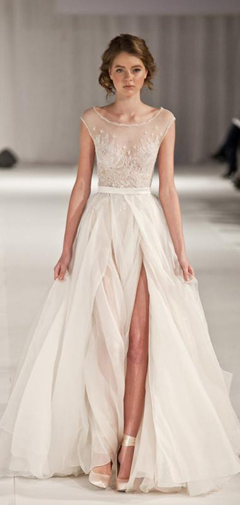 A Line Ivory Side Split Sexy Charming Long Prom Dress, BG51491