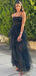 See Throuth Black Tulle Spaghetti Straps A-line Long Evening Prom Dresses, Custom prom Dress, BGS0011