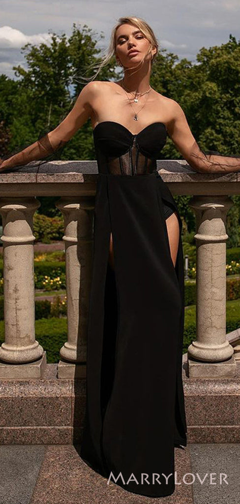 A-line Black Strapless Long Evening Prom Dresses, Custom Prom Dress, BGS0081