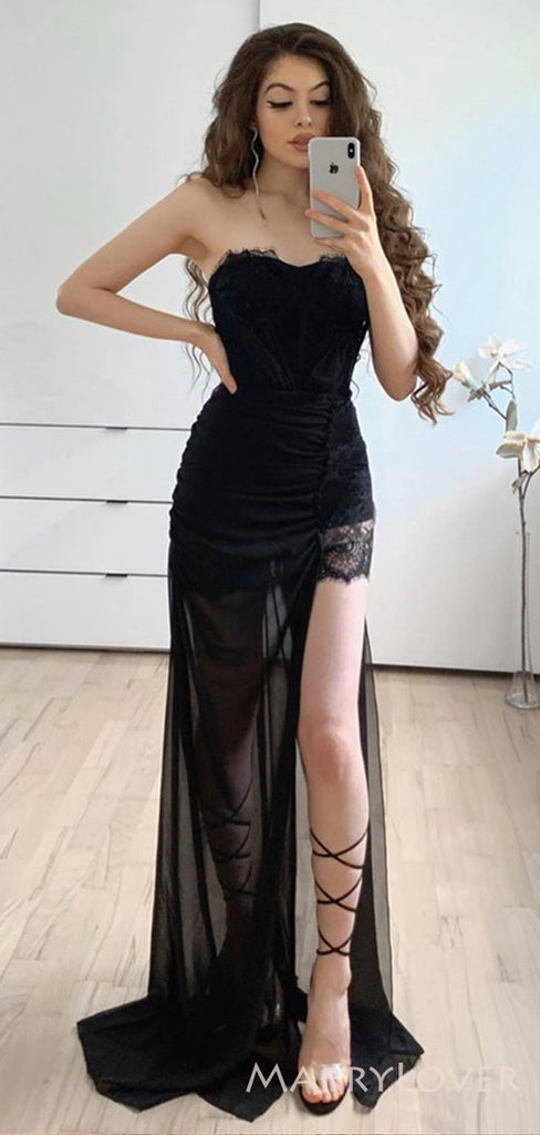 Mermaid Black Strapless Long Evening Prom Dresses, Custom High Slit Prom Dress, BGS0096