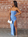 Simple Strapless High Slit Long Blue Evening Prom Dresses, Custom Mermaid Prom Dress, BGS0148