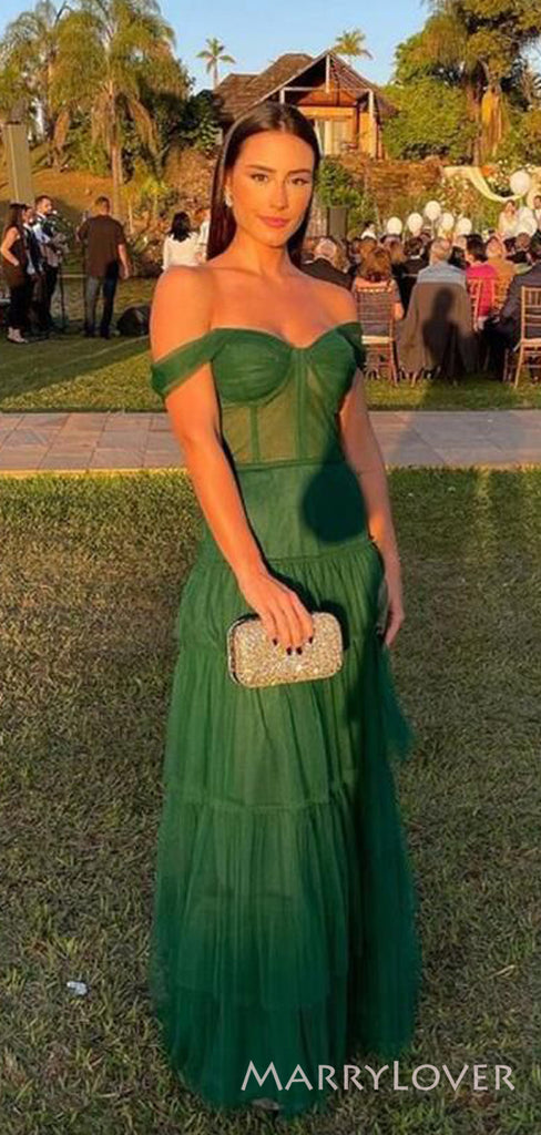 Gorgeous Green Tulle Off Shoulder A-line Long Evening Prom Dresses, Custom Prom Dress, BGS0181