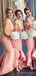 Off Shoulder Pink Satin Lace Mermaid Long Bridesmaid Dresses , BN1068