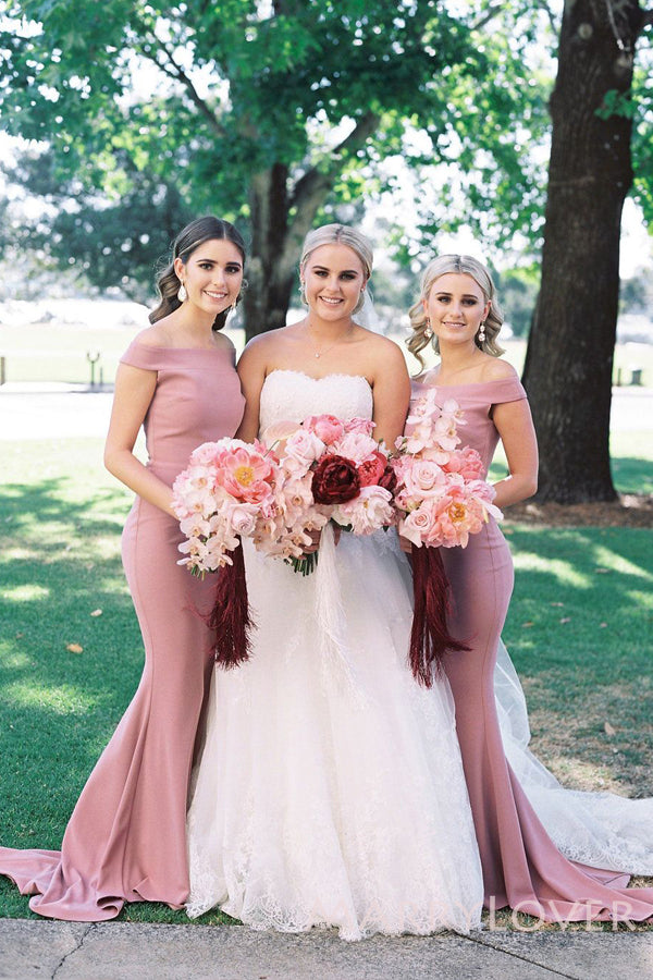 Dusty Pink Satin Off Shoulder Long Mermaid Bridesmaid Dresses , BN1082