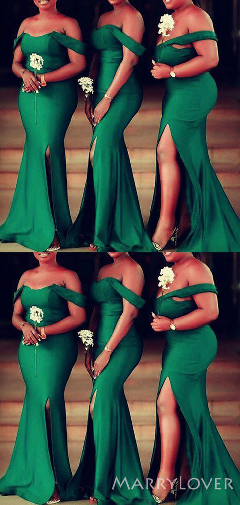 Off Shoulder Mermaid Green Satin Cheap Custom Long Bridesmaid Dresses , BN1111