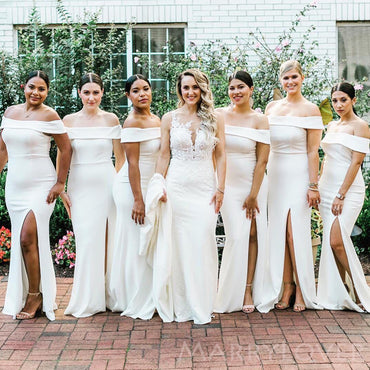 Off Shoulder Mermaid White Long Bridesmaid Dresses, Cheap Custom Bridesmaid Dress, BN1120