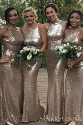 Champagne Sequins Mermaid Long Bridesmaid Dresses , BN1023