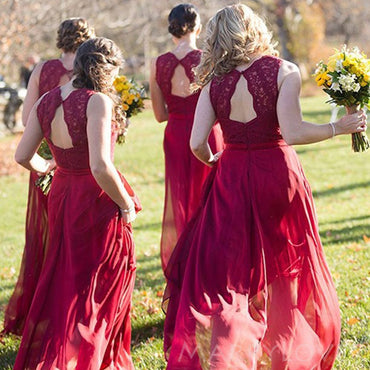 A-line Dark Red Chiffon V-neck Long Bridesmaid Dresses, Lace Bridesmaid Dress, BN1025
