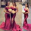 One Shoulder Burgundy Satin Mermaid Long Side Slit Bridesmaid Dresses , BN1030
